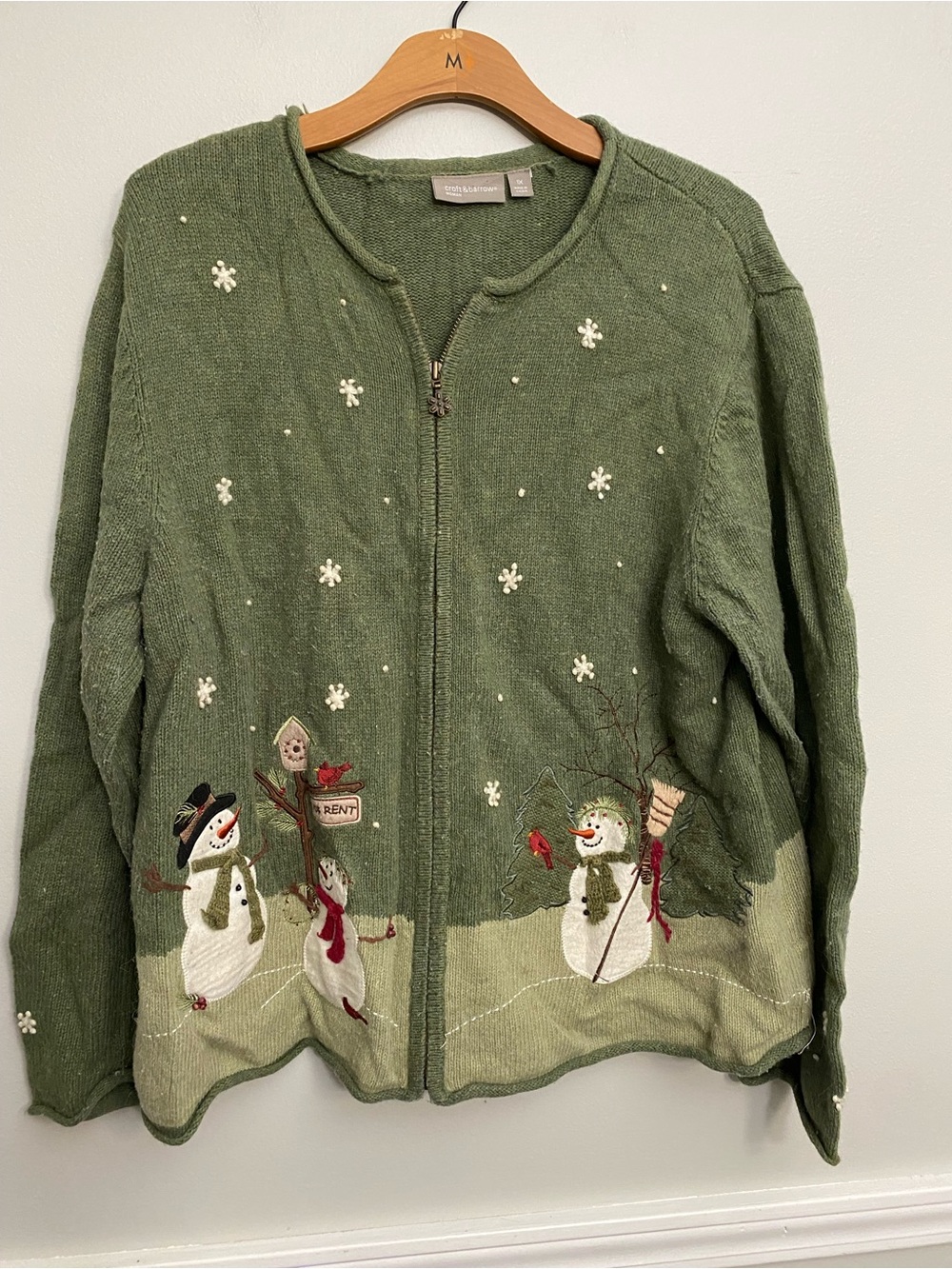 Embroidered Wool Blend Christmas Cardigan Sweater Snowman Green Zip - 1X